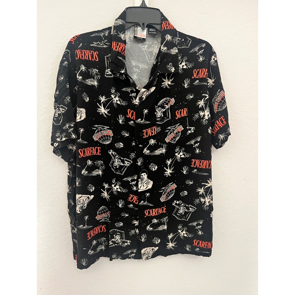 Scarface Movie Graphic Button Up Shirt Mens XL Black Rayon Tony Montana All Over